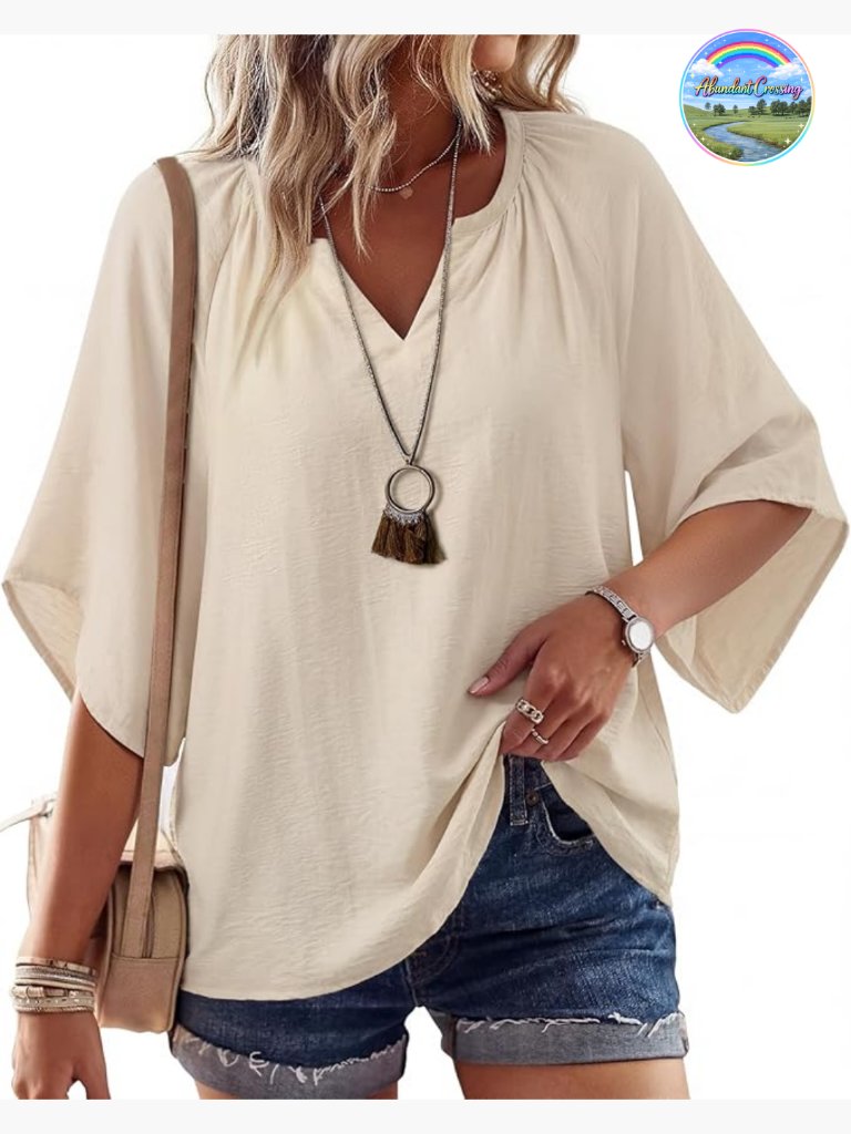 Boho 3/4 Bell Sleeve V Neck Tunic Blouse Loose Fit Peasant Top